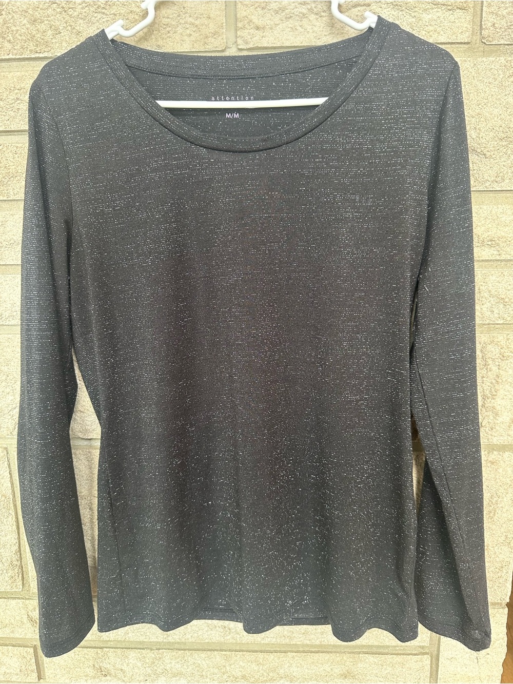 attention Black Metallic-Thread Scoop Neck Long Sleeve Top